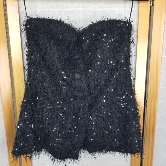 Zara Black Sequined Bustier Top Strapless Button Front Stretch Size Medium - Picture 10 of 14
